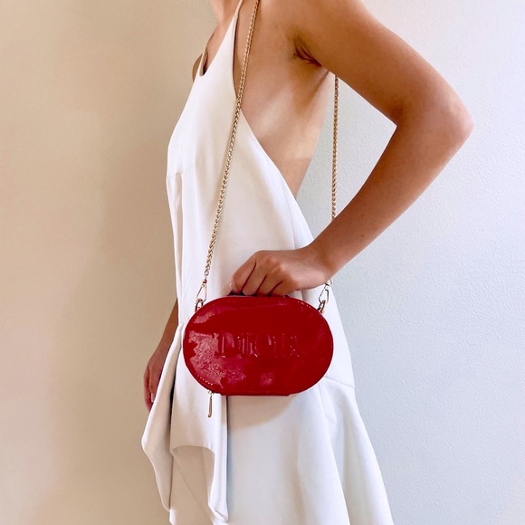 DIOR Red Oval Patent faux Leather Bag with Gold Chain clutch shoulder purse - Picture 1 of 7